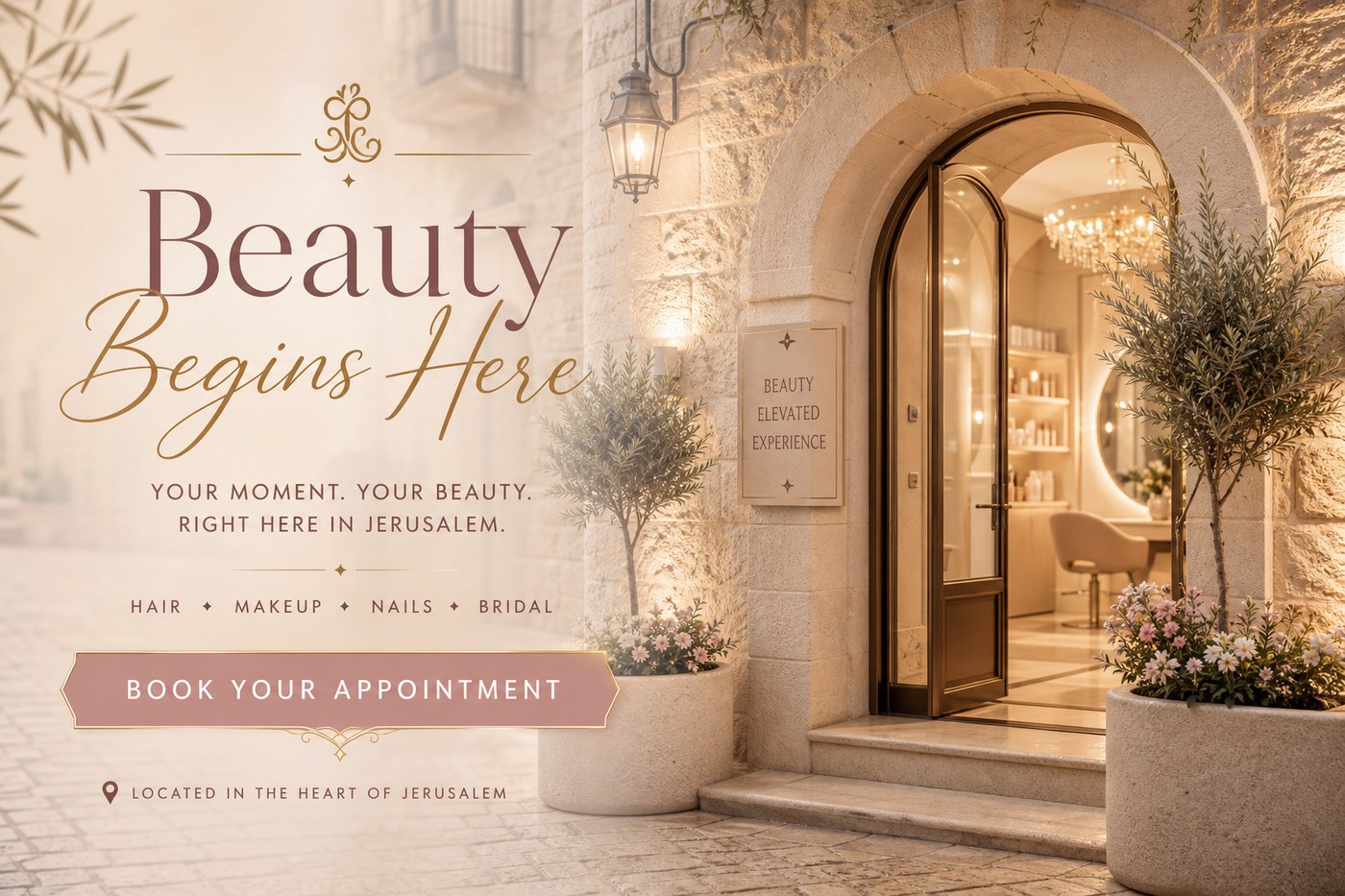 Inviting Jerusalem Glow salon entrance with warm stone light