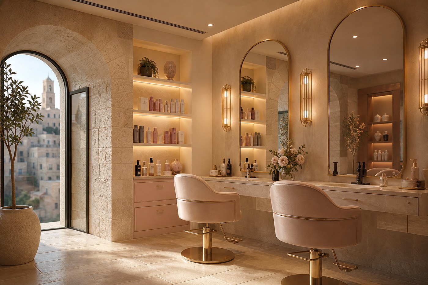 Elegant Jerusalem beauty salon interior with soft stone light and blush styling chairs